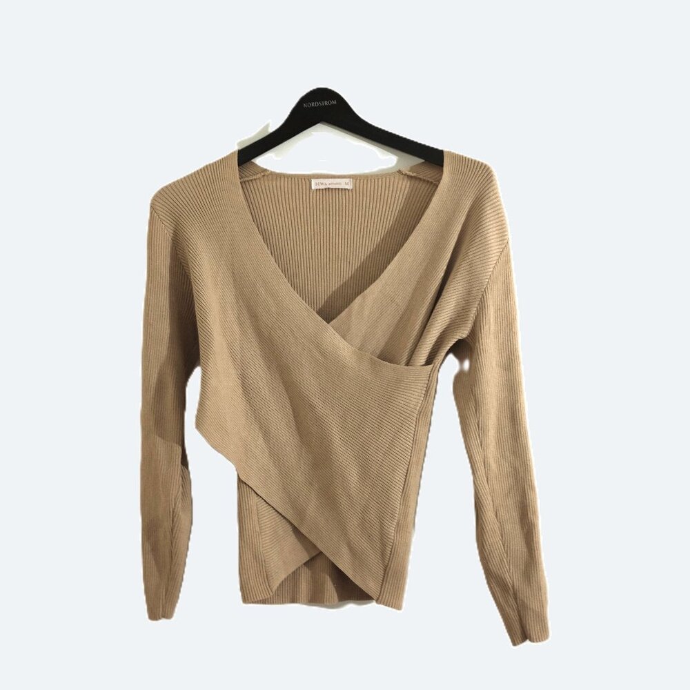 COPY - HWA apparel tan crossover sweater with lace up sleeves detail size M